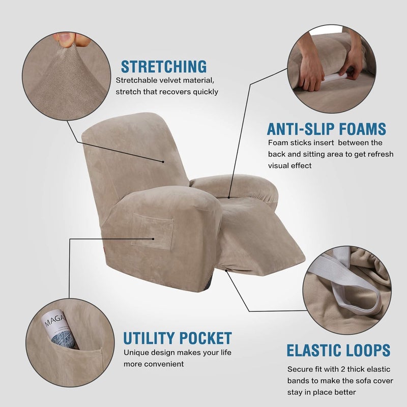 H.VERSAILTEX Real Velvet Recliner Couch Cover Stretch Slip Cover for Recliner Chairs 1 Piece Non Slip Covers for Recliner Chair with Pocket, Washable Reclining Chair for Kids, Pets (Taupe, Large) - Image 2